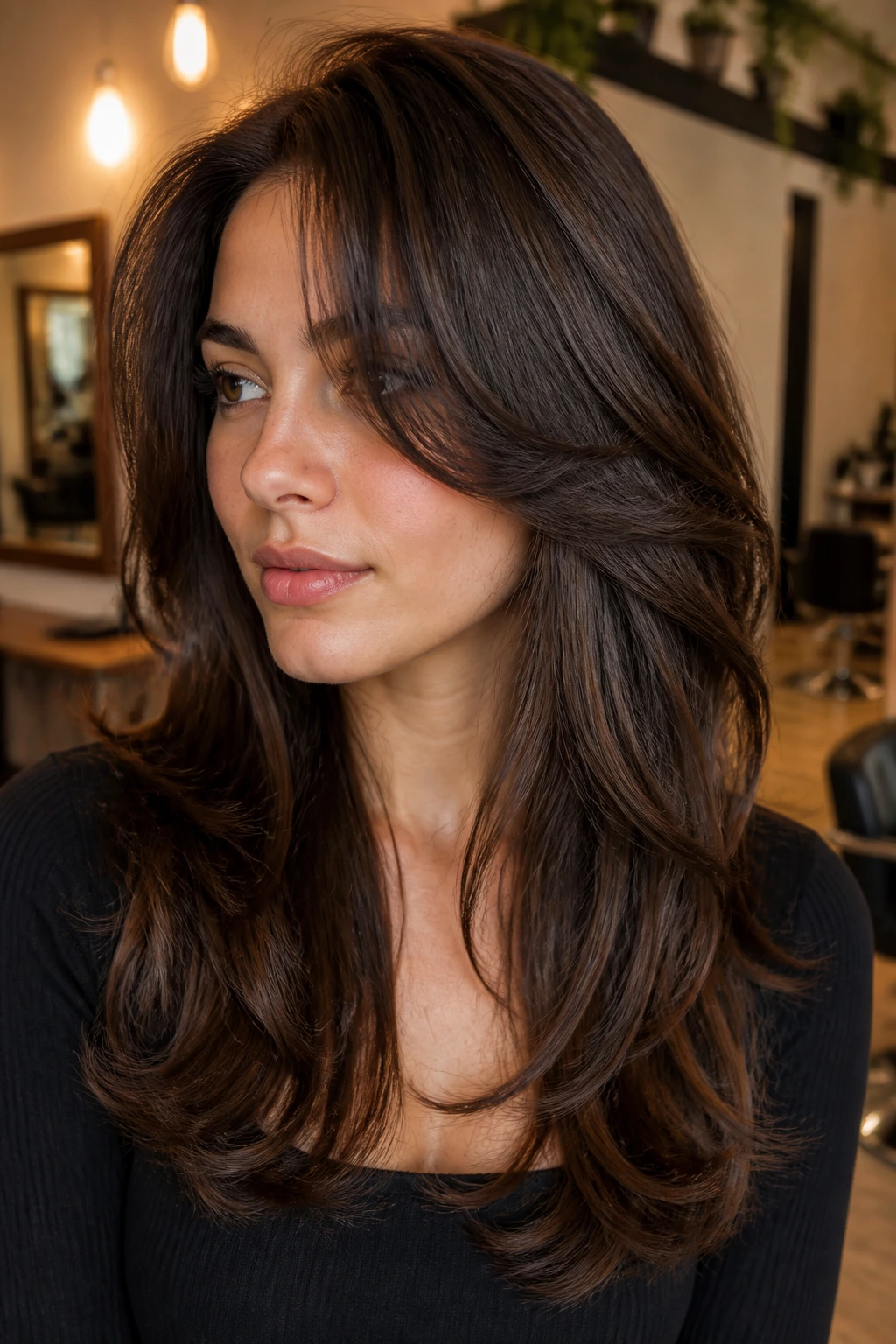 Close-up of thick hair with debulking layers and curtain bangs