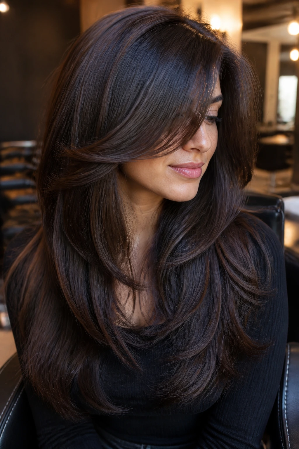 Real person with thick hair showing debulking layers that remove interior bulk.