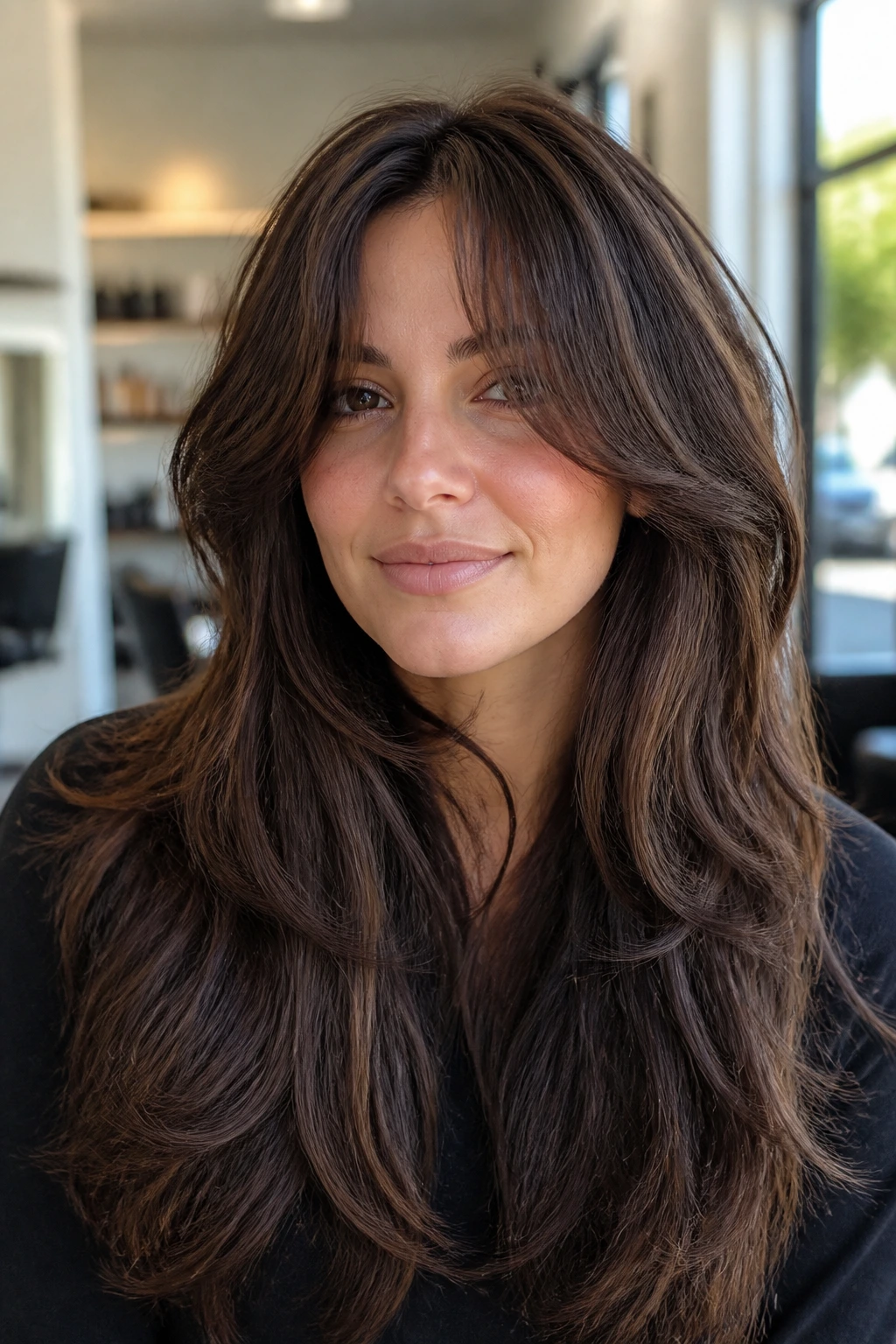 Close-up of a real woman with thick-hair debulking layers and split fringe