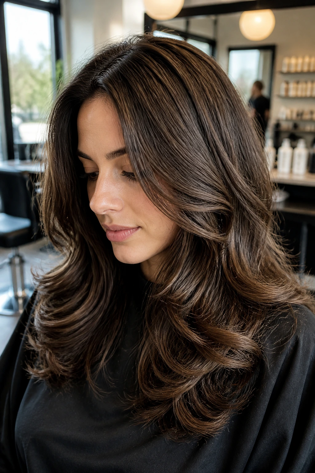 Portrait of a woman with thick wavy hair and mocha lowlights