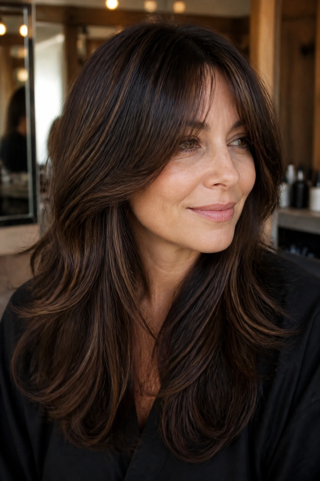 Portrait of a real woman with thick hair and deep brunette lowlights