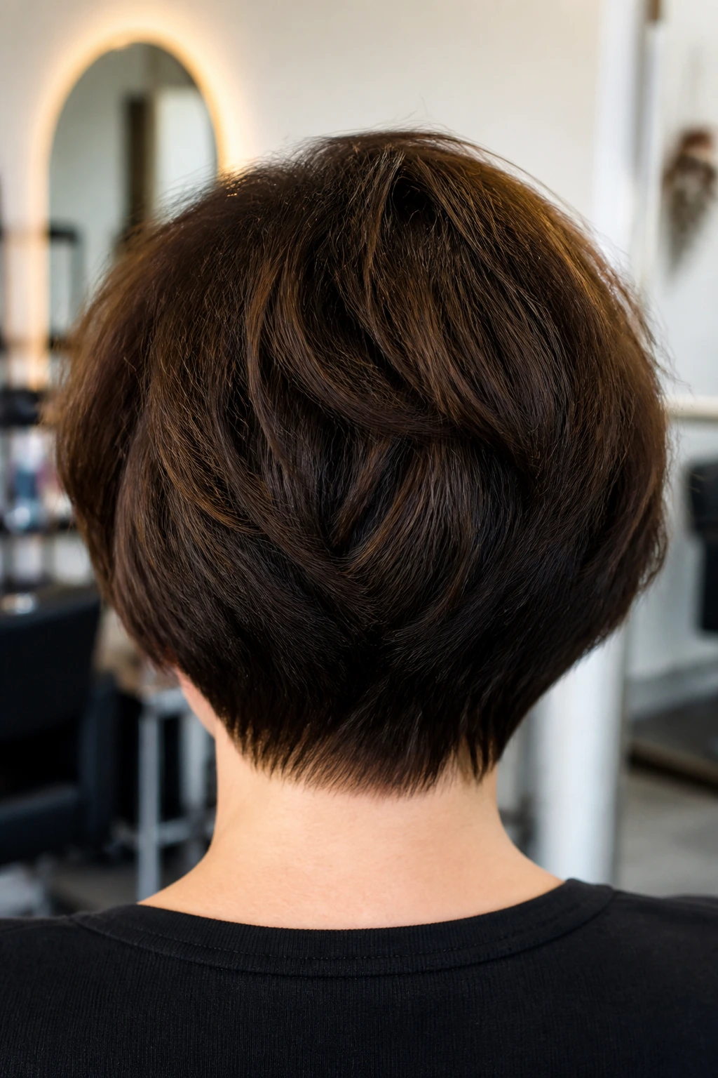 Back view of a real head showing thick density and cut perimeter.