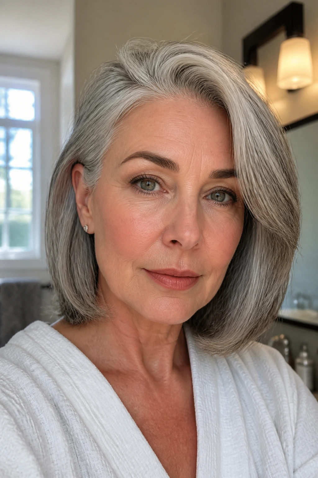 Close-up portrait of a real woman with thick silver hair styled in a soft bob tucked behind one ear, morning light.