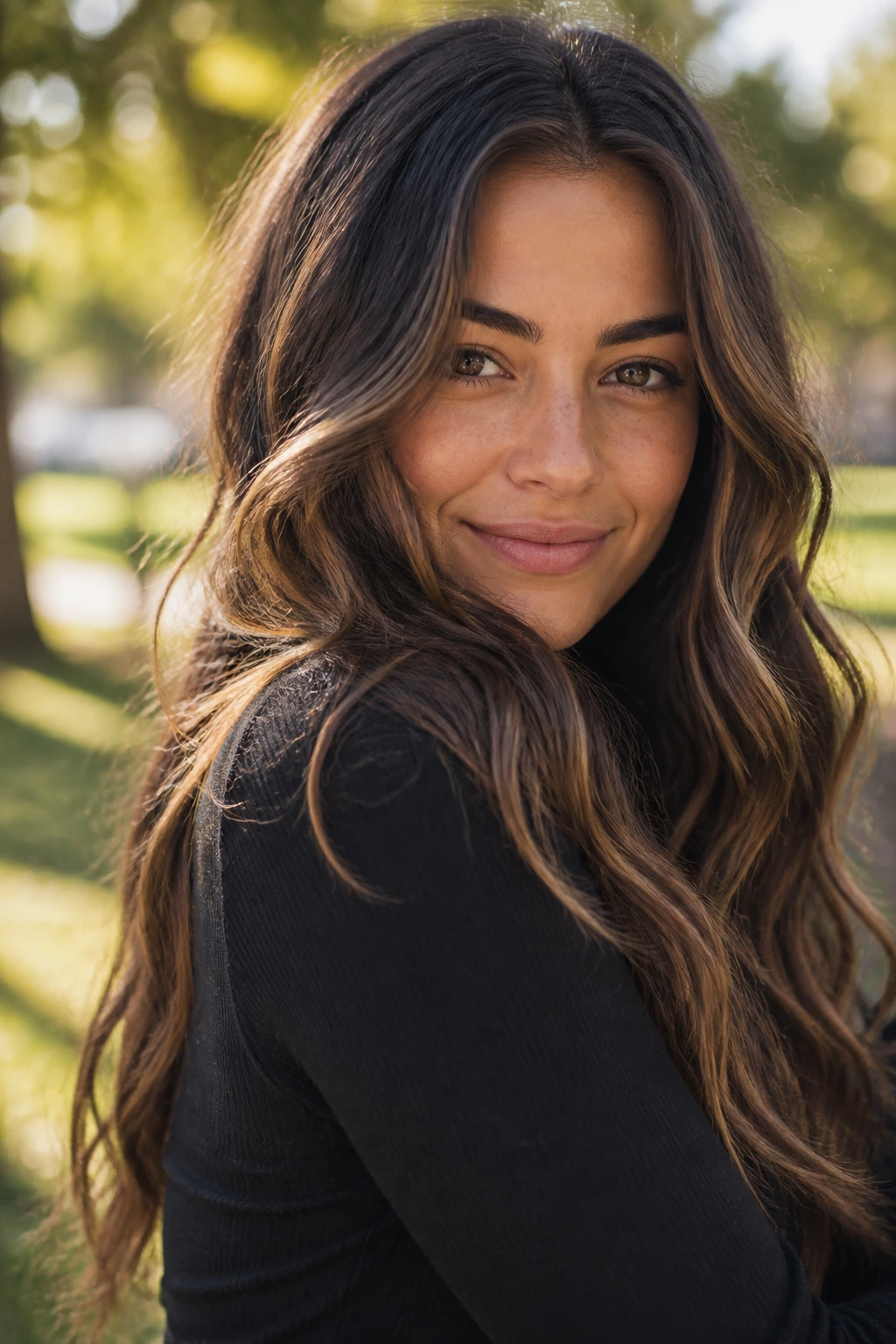 Portrait of a real person with thick hair wearing an easy beachy wave outdoors