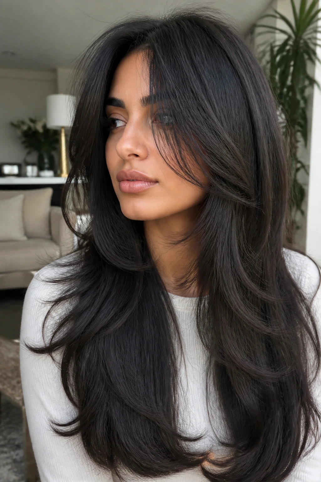Close-up of a real woman with thick hair showing feathered weight removal at front