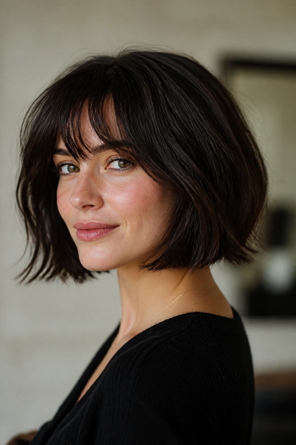 Portrait of person with thick hair styled in a French bob in a salon setting