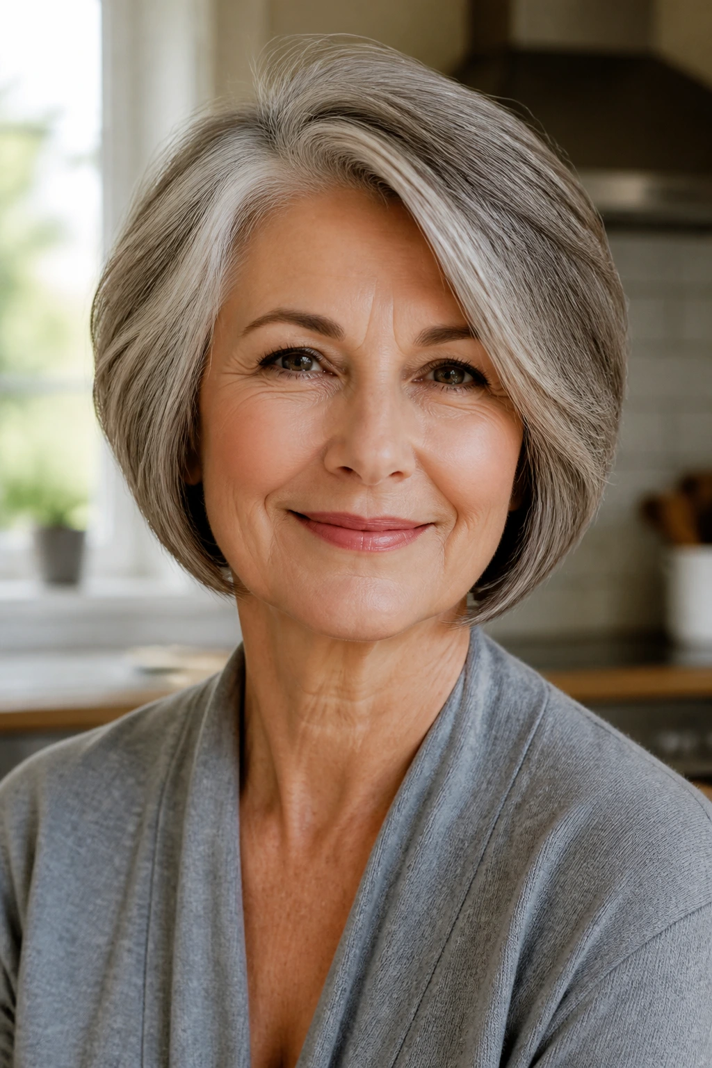 Close-up portrait of an older woman with a geometric, easy-to-manage thick hairstyle.