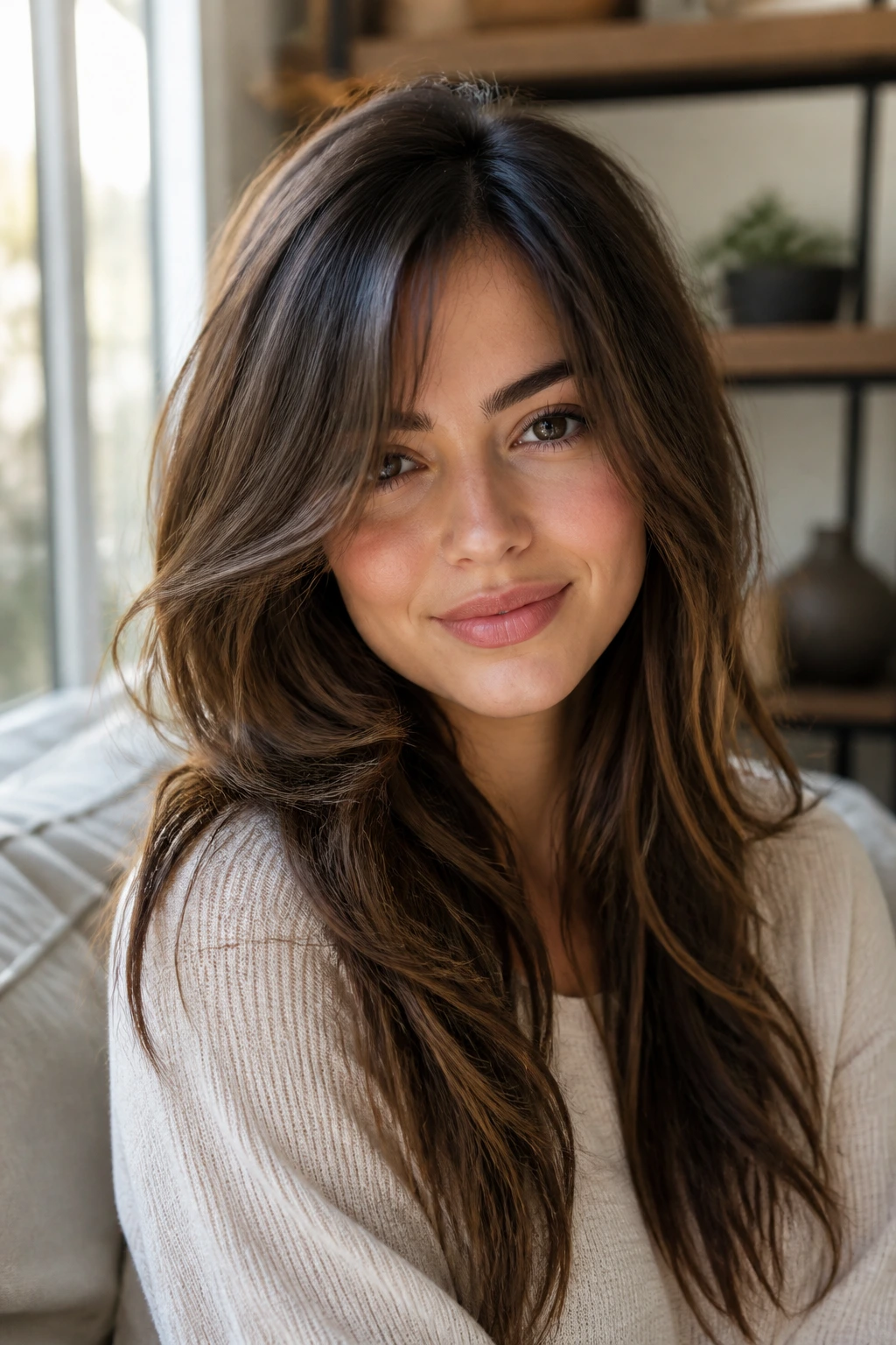Close-up of thick hair with side-part and layered crown on a heart-shaped face.