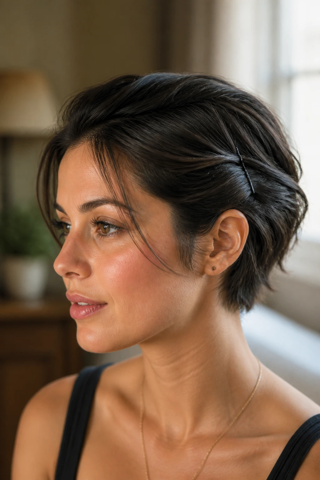 Close-up portrait of a real person with thick hair pinned into a tucked twist, showcasing held shape