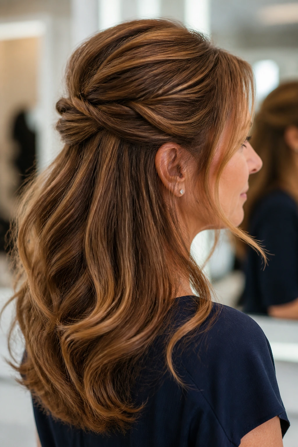 Portrait of a woman with thick hair half-up and hidden pins.