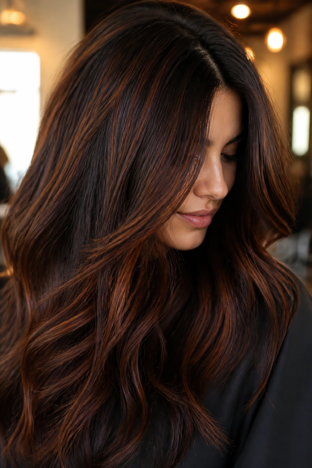 Close-up of thick dark hair with auburn highlights around crown and face frame.