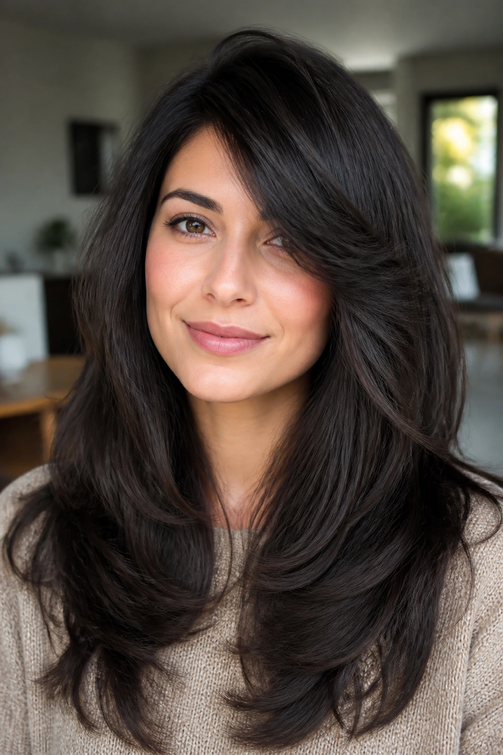 Close-up portrait of a real woman with thick hair and internal layers