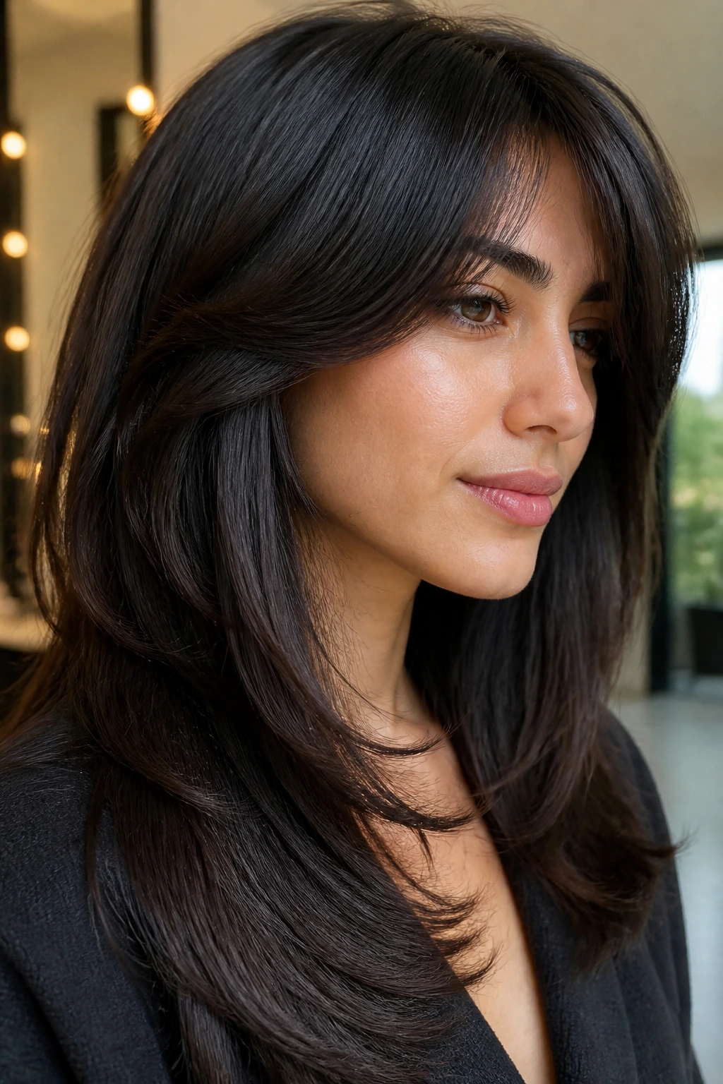 Close-up of thick hair with internal layers on a real person