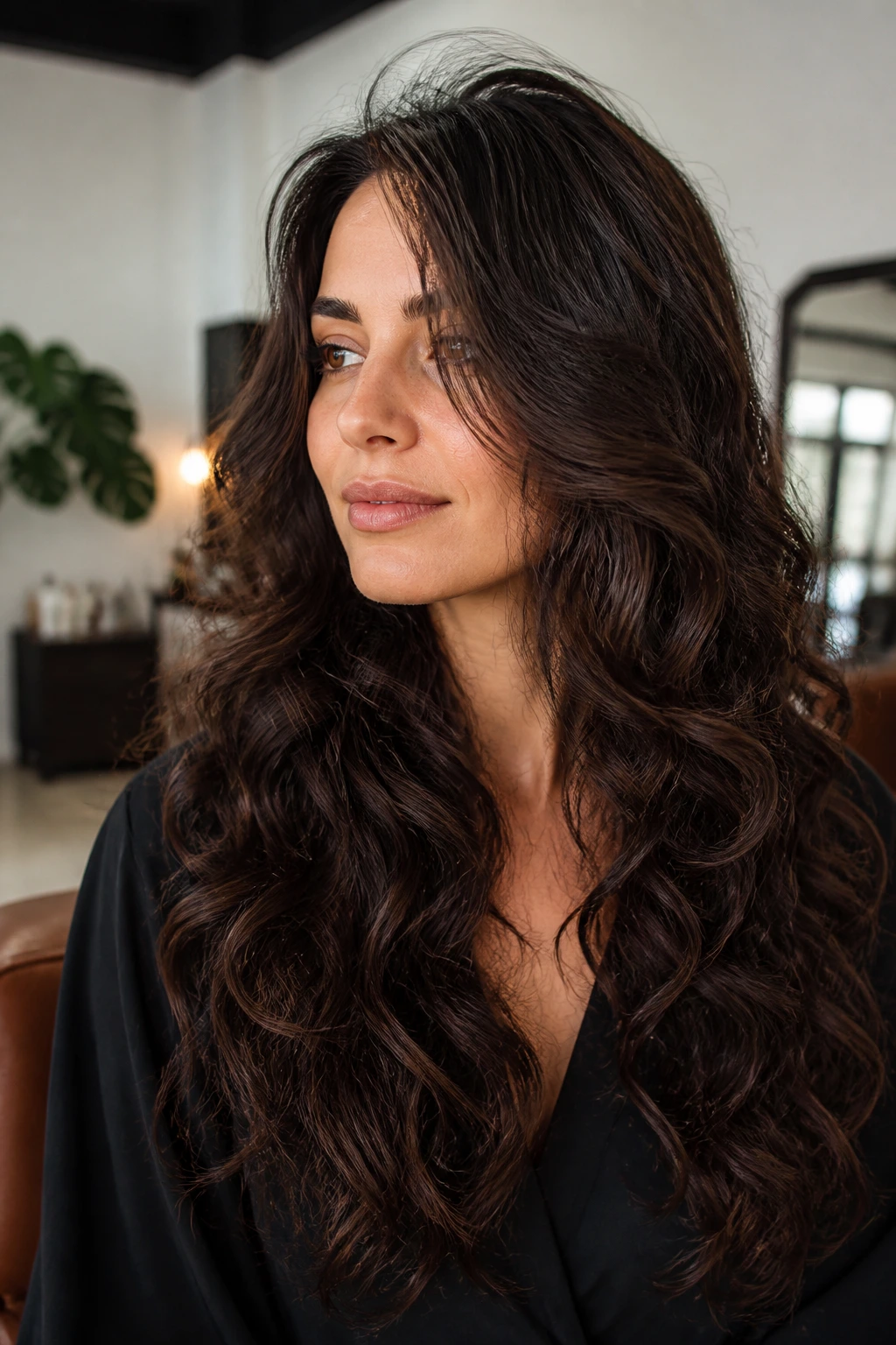Close-up portrait of a thick-haired person with smooth outer length and subtle lift from hidden layers