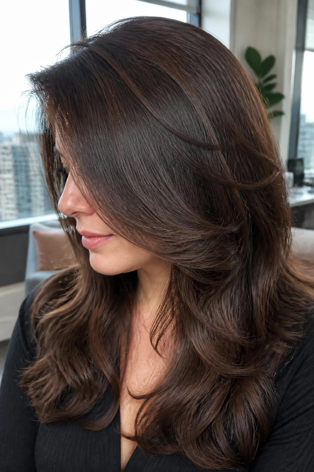 Portrait of a woman with thick hair and interior weight removal creating a diagonal face-frame.