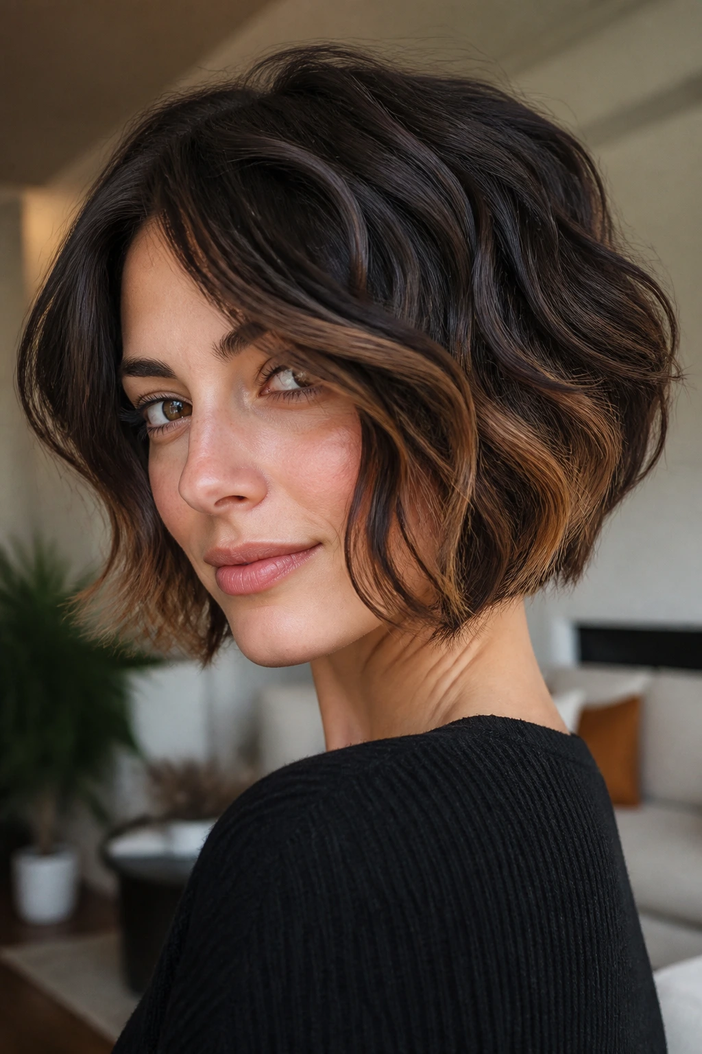 Close-up of real person with Thick-Hair Inverted Bob and caramel underlayers