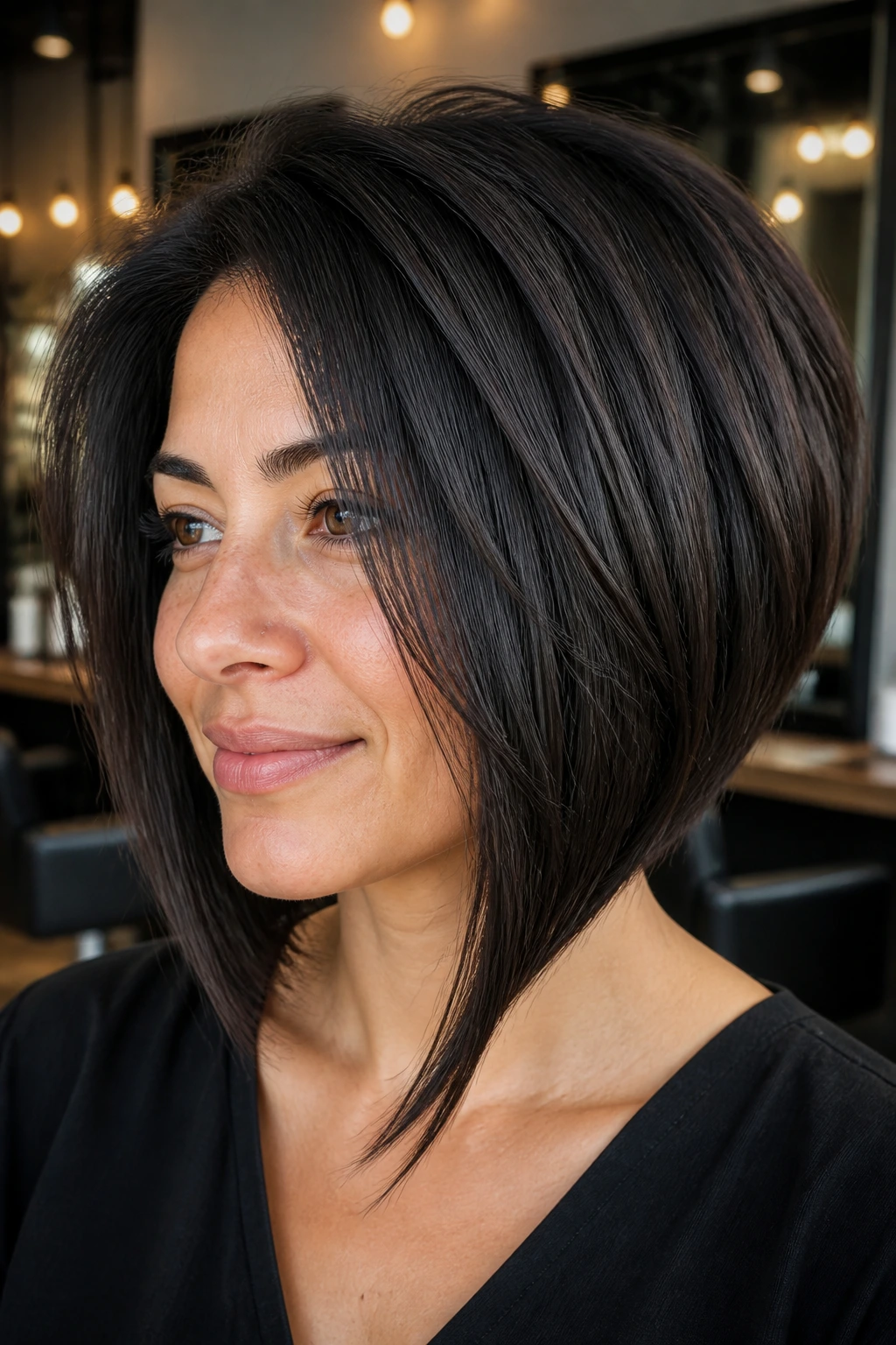 Real woman with thick inverted bob showing internal debulking