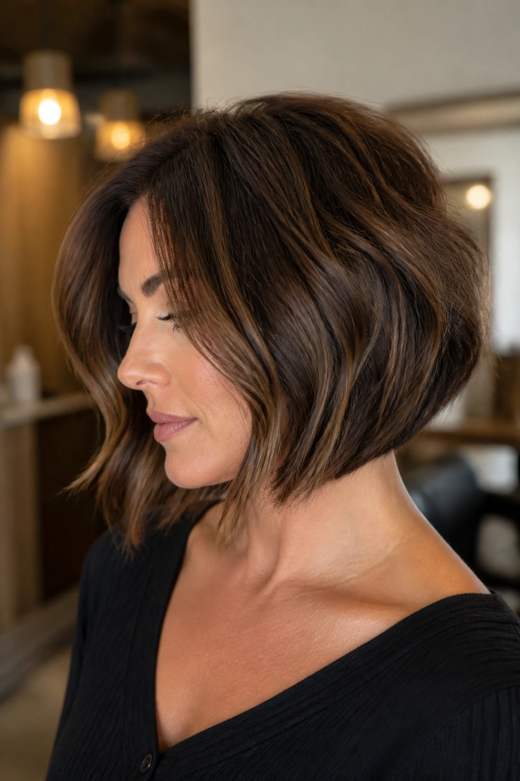 Portrait of a real woman with Thick-Hair Inverted Bob featuring built-in debulking and walnut lowlights.