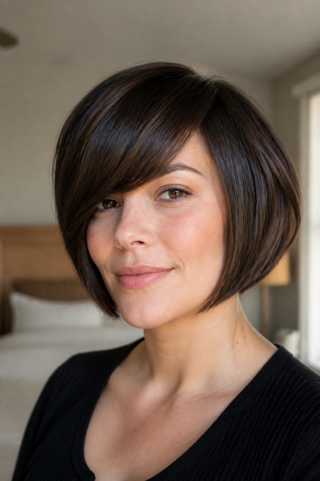 Portrait of a real person with thick hair in an inverted bob, side-swept bangs.