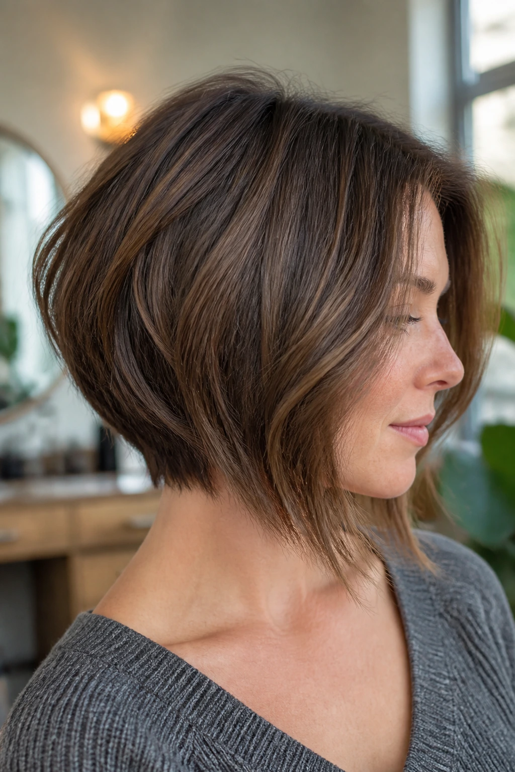 Close-up portrait of a real woman with thick inverted textured bob showing weight at the back and soft layers