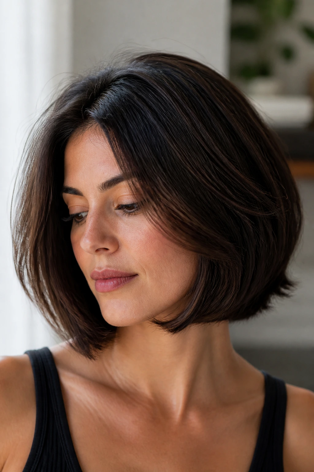 Close-up of thick hair with a structured layered bob showing weight balance on a real person.