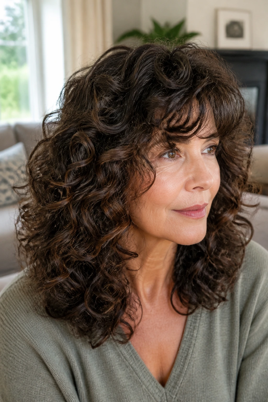 Real woman with thick curls in a mid-length layered cut in a bright room.