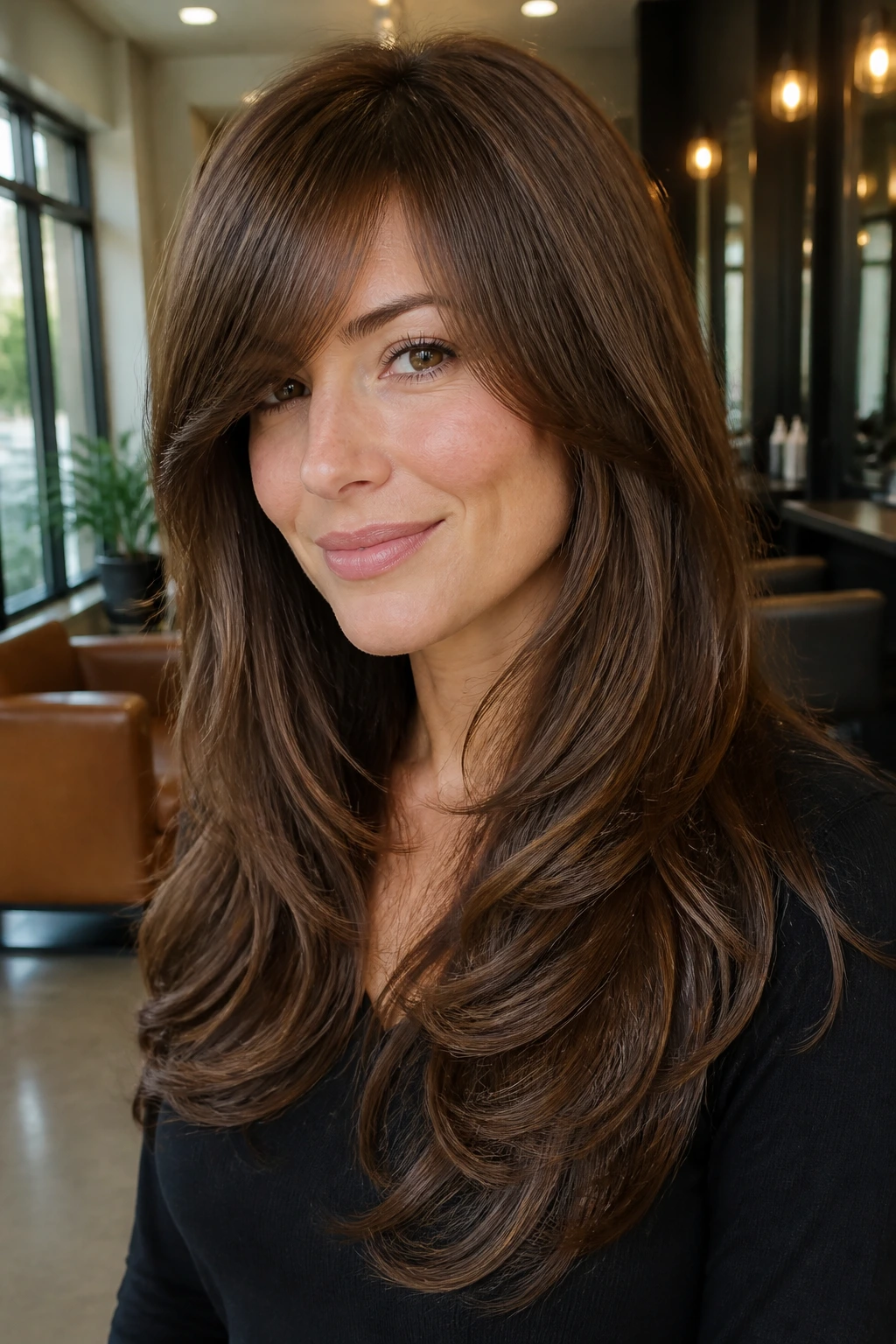 Close-up of a real woman showing directional layered cut for thick hair