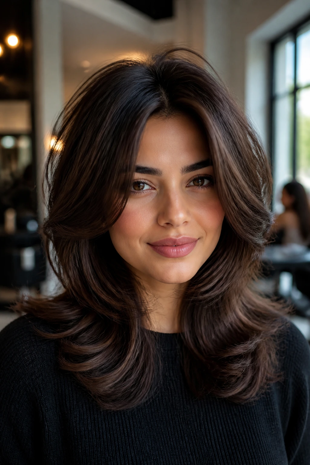 Close-up portrait of a real woman with thick, medium-length layered hair in a salon.