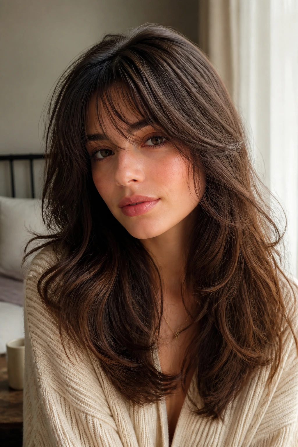 Close-up portrait of thick layered hair with soft fringe in natural window light