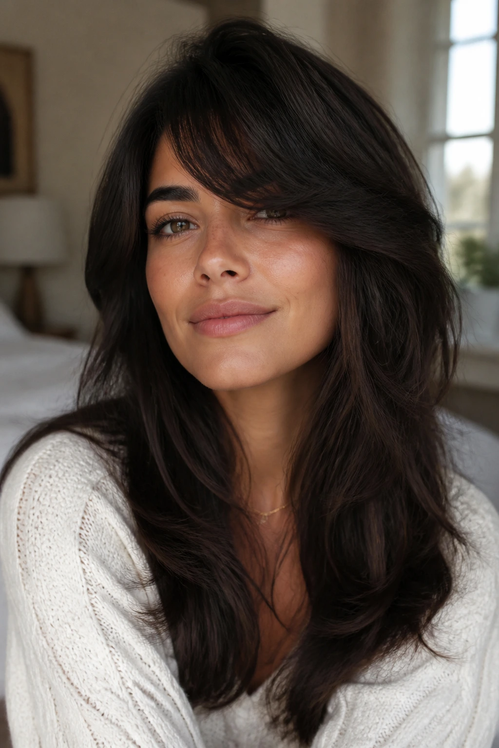 Close-up of a thick-haired woman with a layered cut and side-swept fringe