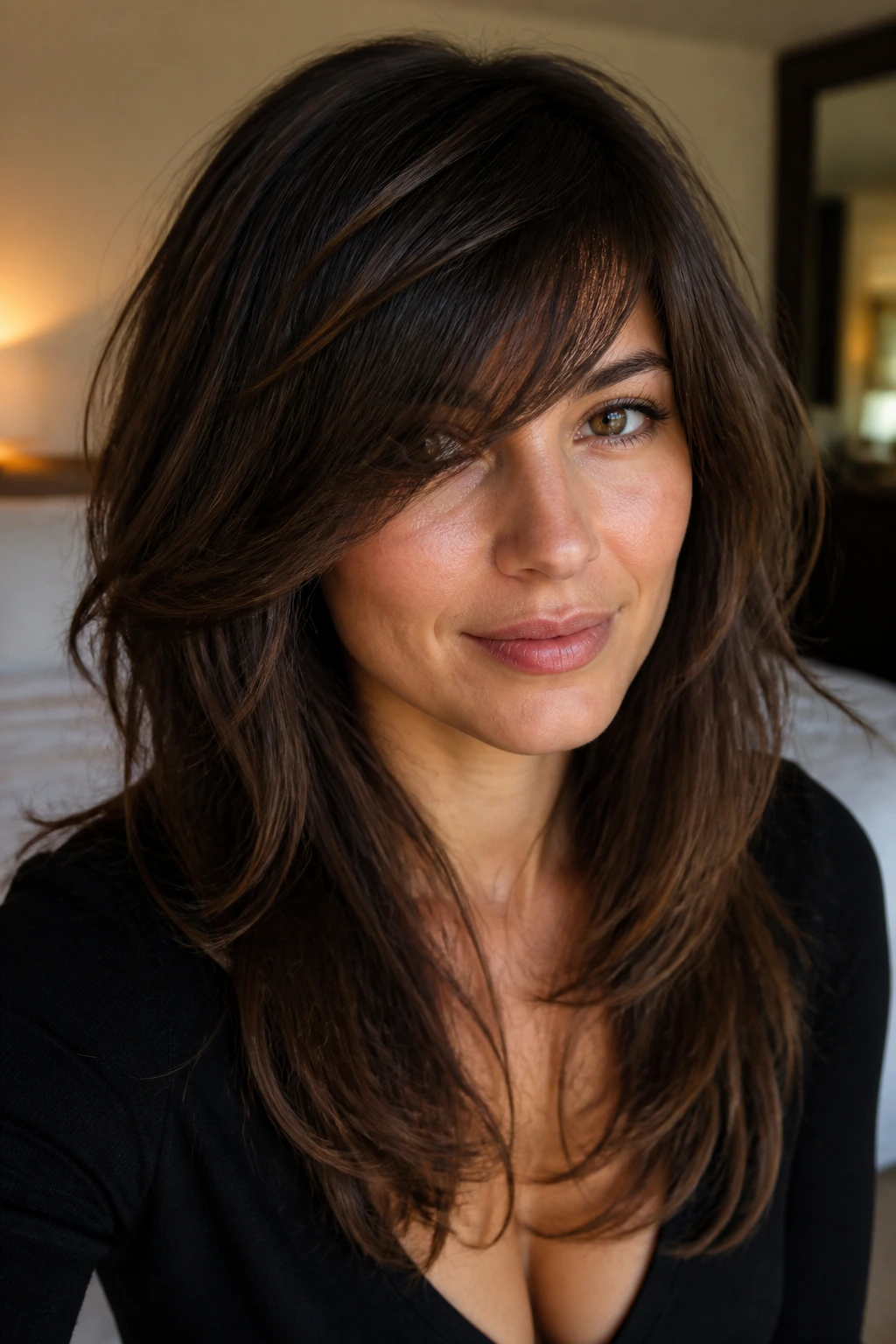 Close-up of a real person with choppy layers and a side-swept bangs on thick hair.