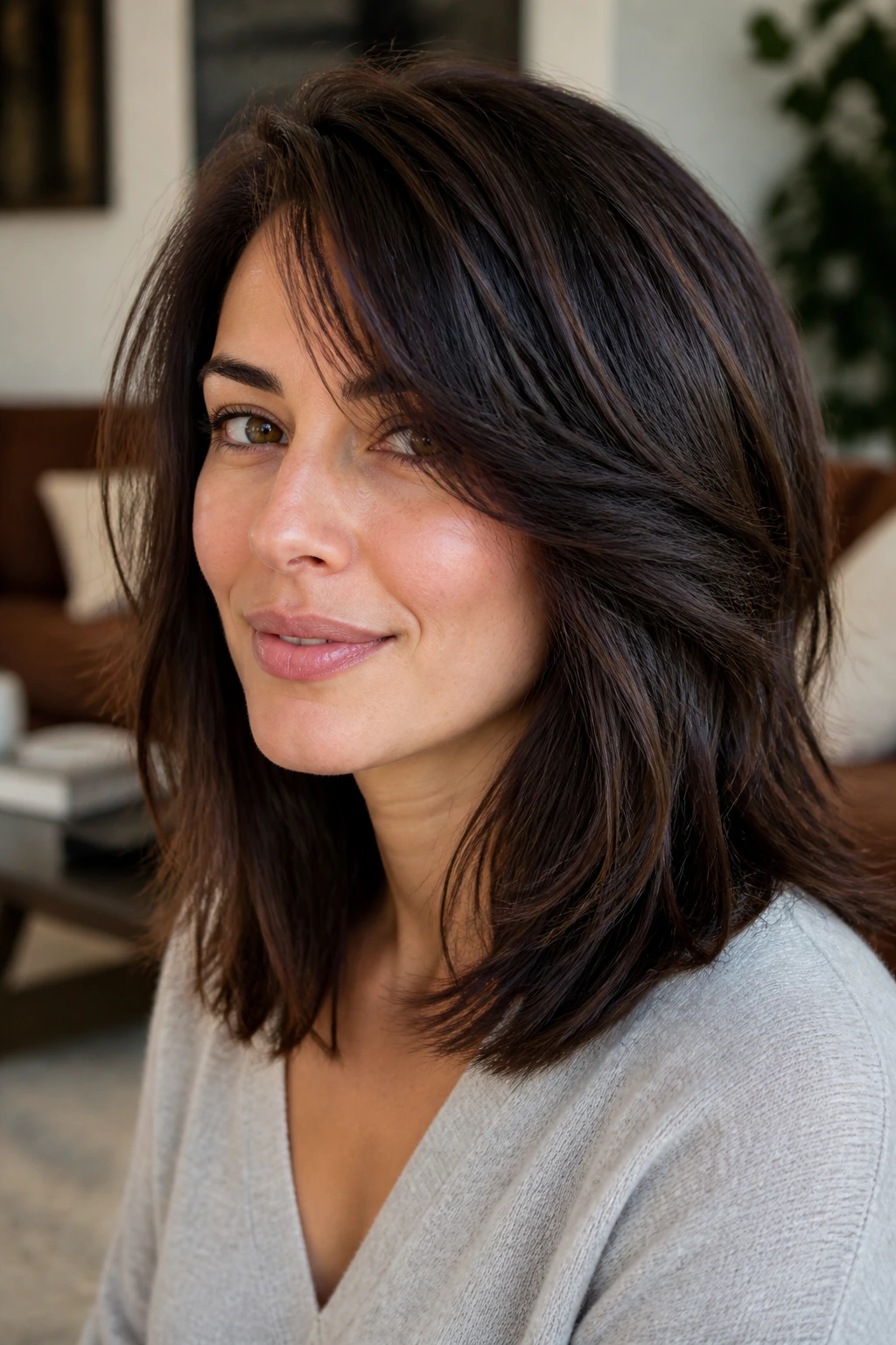 Close-up of a woman with thick shoulder-length hair and a soft side bang in gentle light
