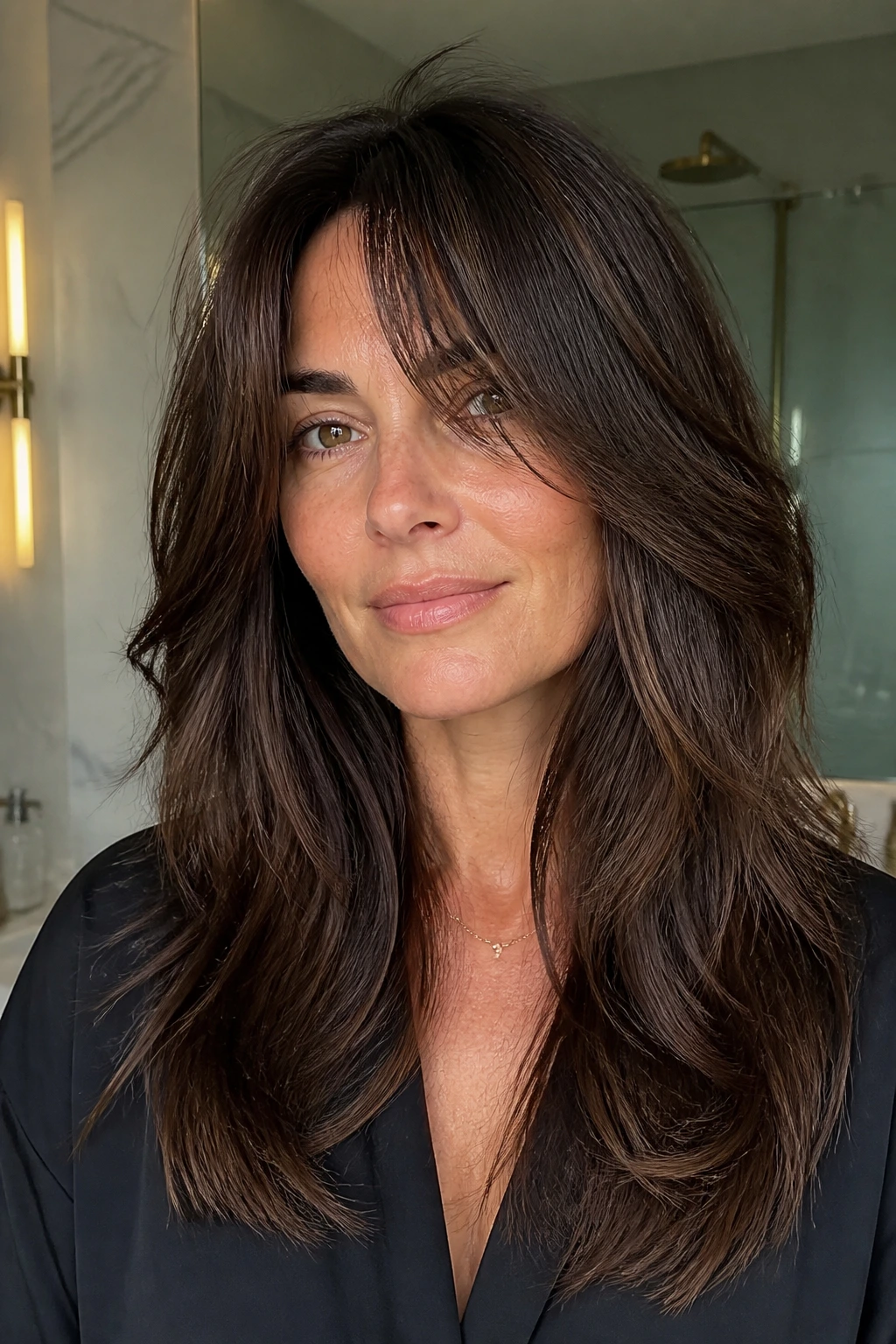 Close-up of a real woman with thick-hair layers and a long broken fringe.