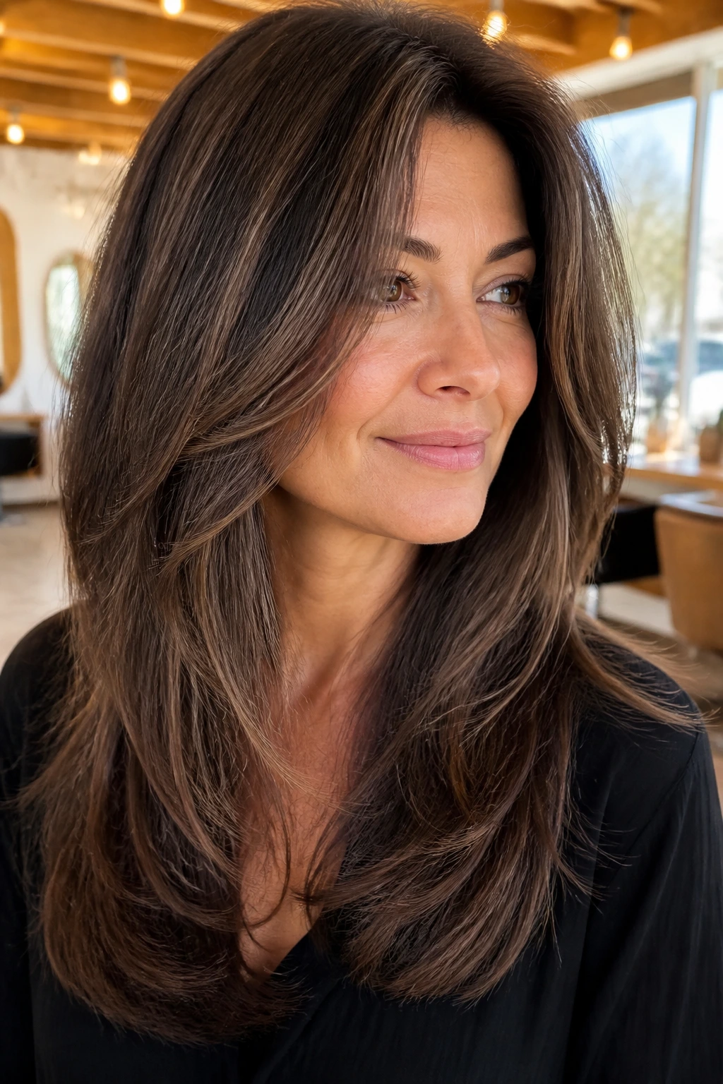 Close-up of a real woman with thick hair showing invisible internal layers and strong outer perimeter