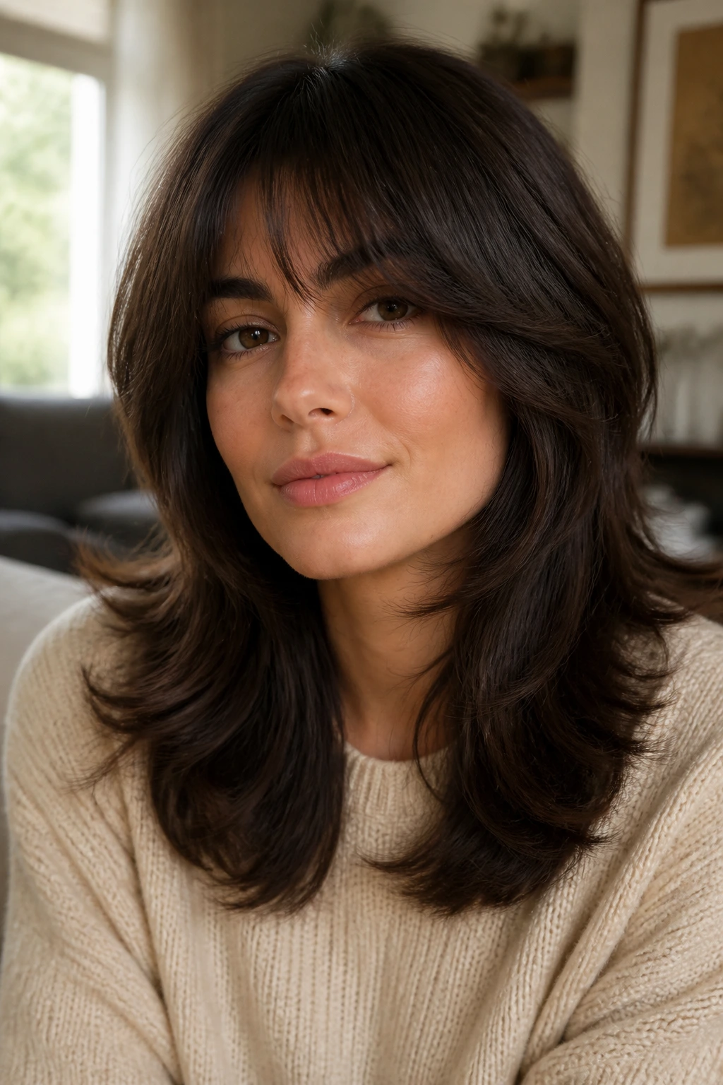 Close-up portrait of a thick-haired woman with soft jawline layers.