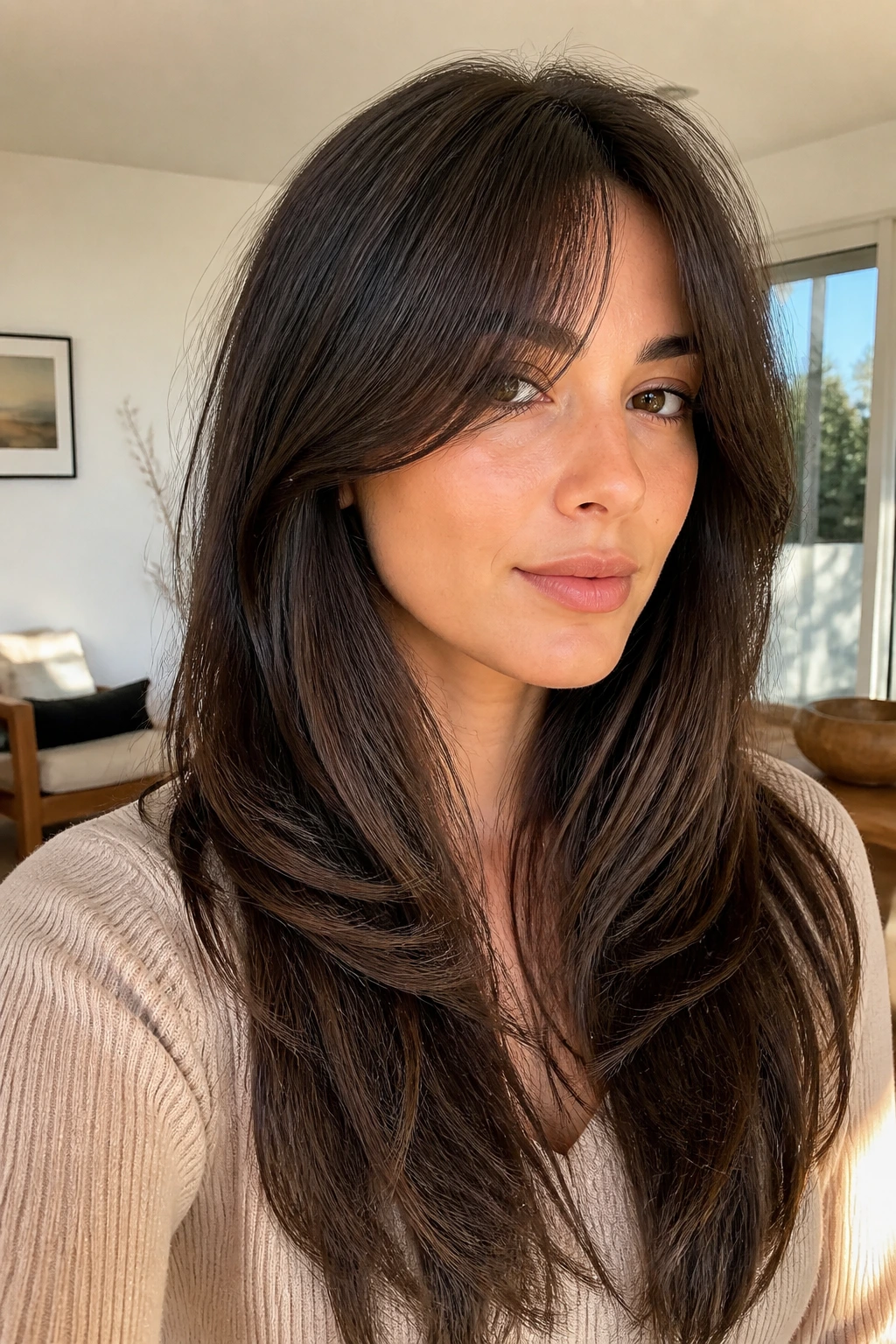 Close-up portrait of a woman with thick layered hair and a long tapered fringe in natural daylight