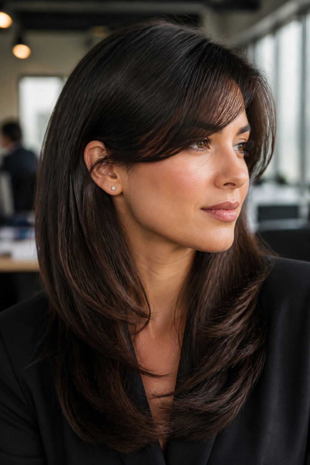Close-up portrait of a real woman with low sweep layers and side-swept bangs in an office setting