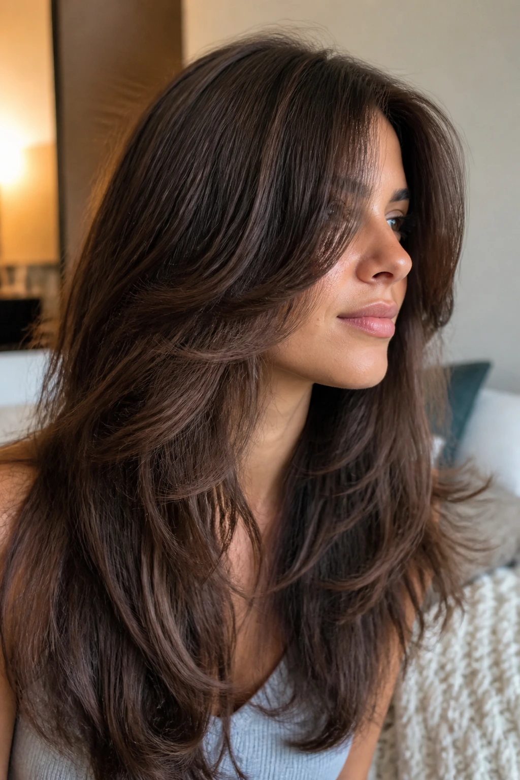 Portrait of a real person with thick hair showing weight-removing layers and interior movement.