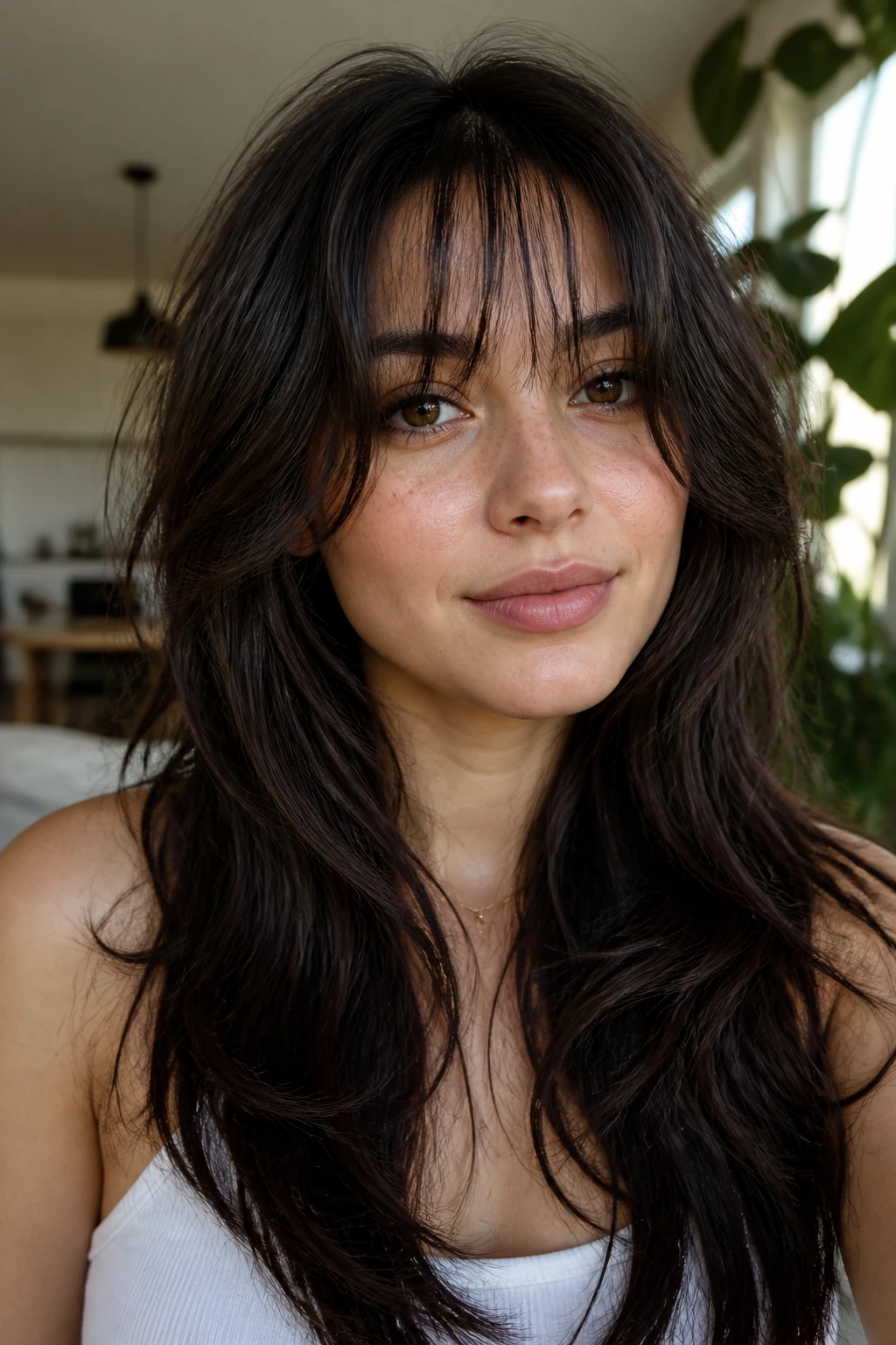 Portrait of a real woman with thick hair layers and see-through bangs