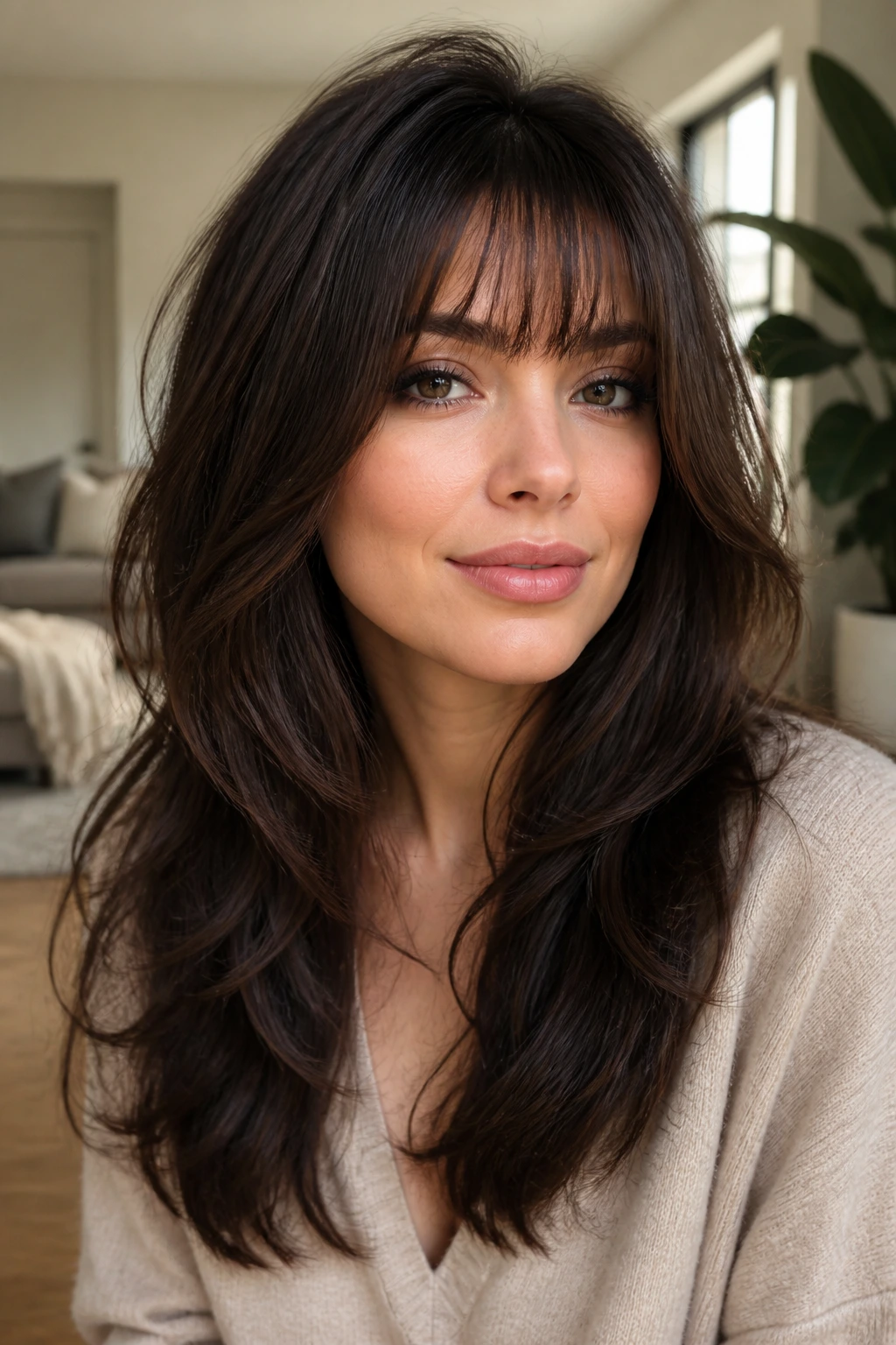 Close-up portrait of a real woman with thick hair and thinned bangs showing shape