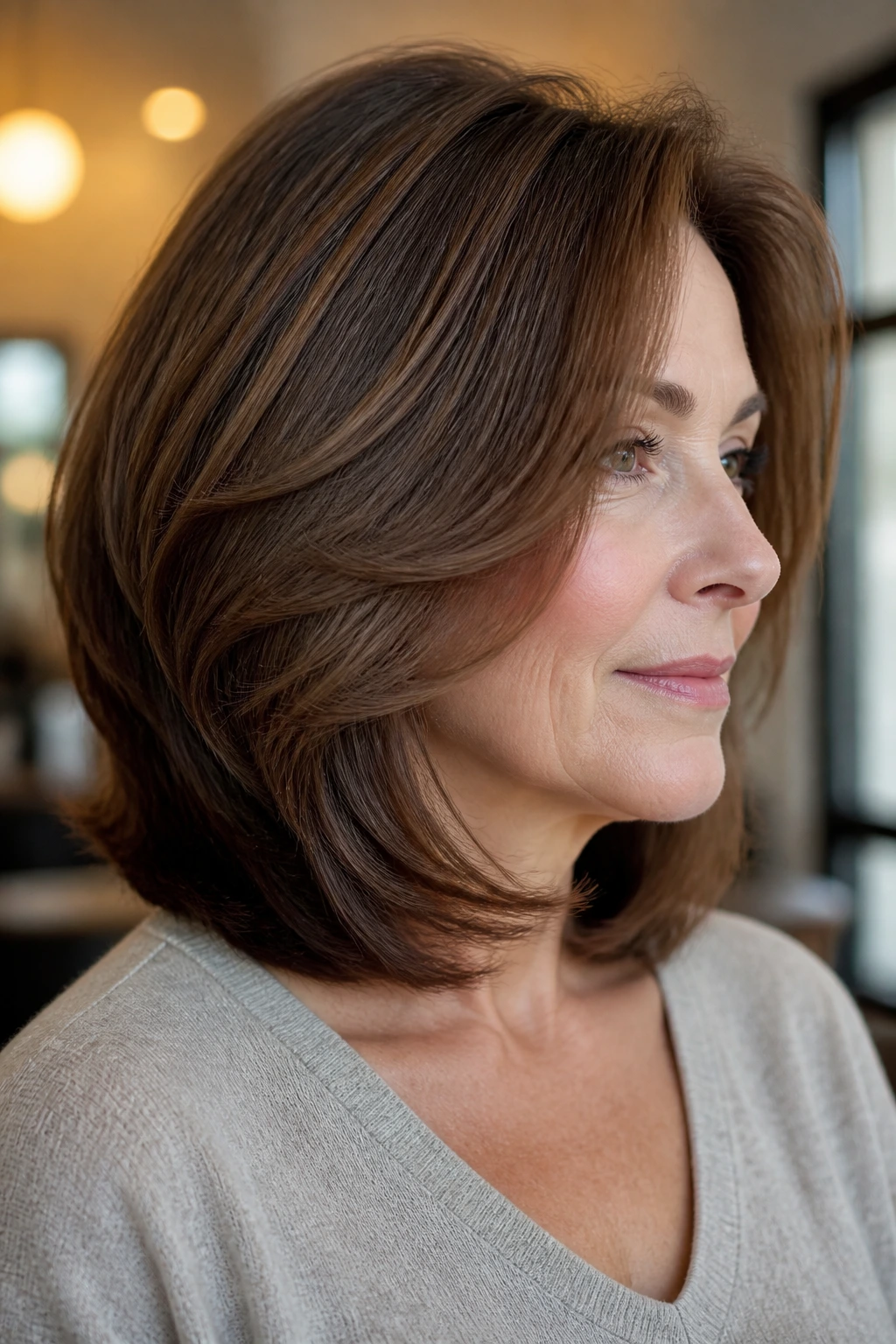 Portrait of a real woman with thick hair lob and hidden debulking.