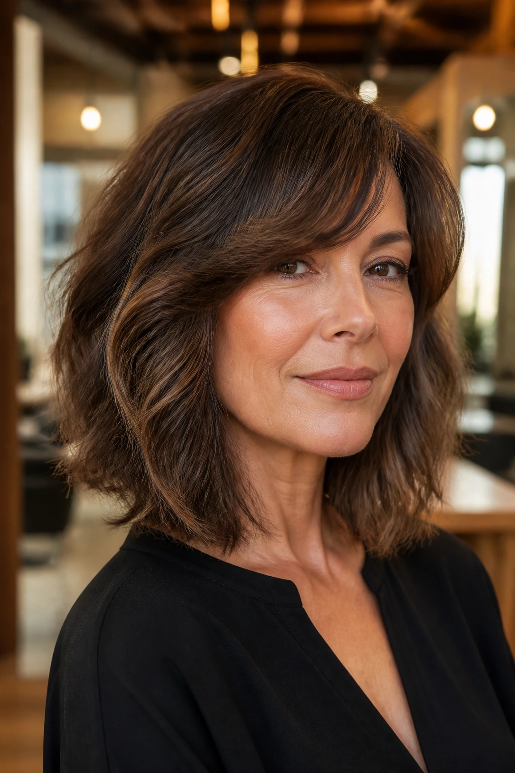 Real woman with thick-hair lob showing interior debulking and soft bangs