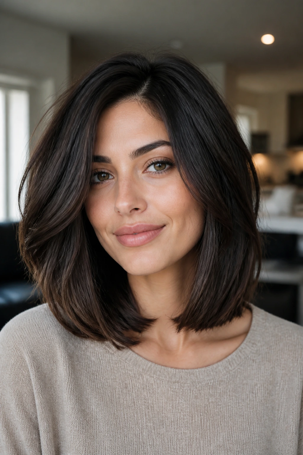 Portrait of a real person with thick hair styled into a mid-length lob at the collarbone.