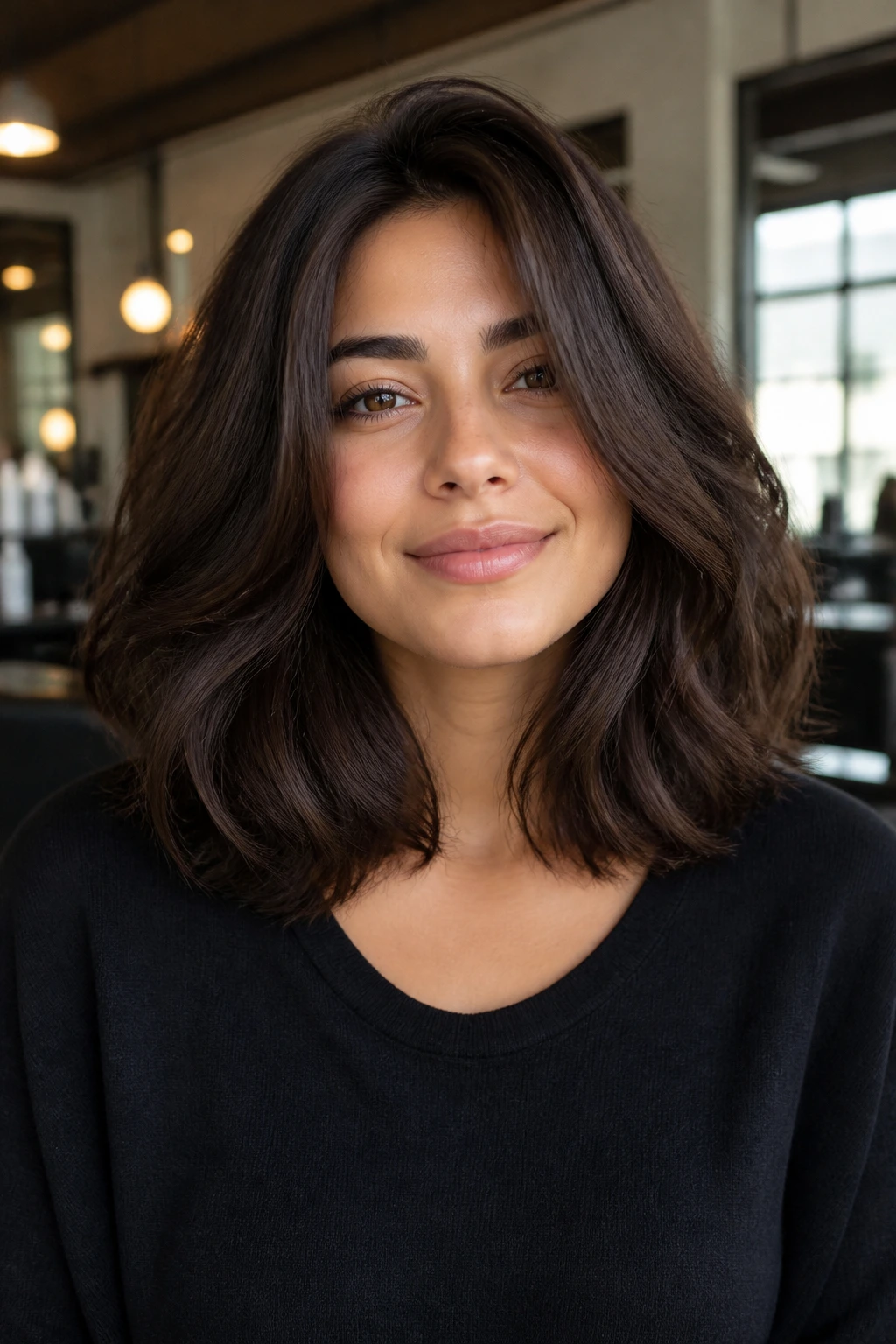 Portrait of a thick-haired woman with mid-length lob showing weight and texture.