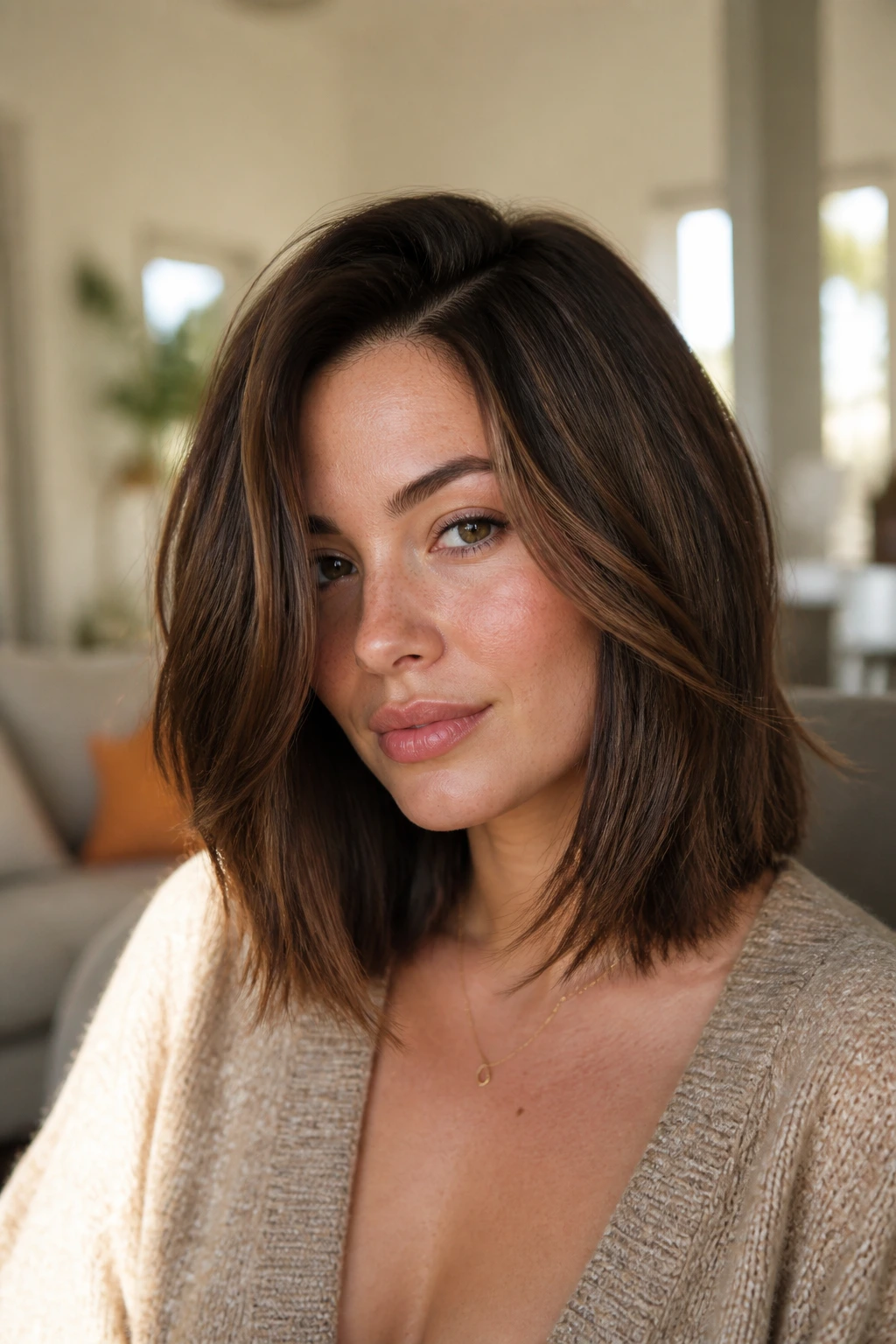 Close-up of a woman with a collarbone-length lob and clean edge