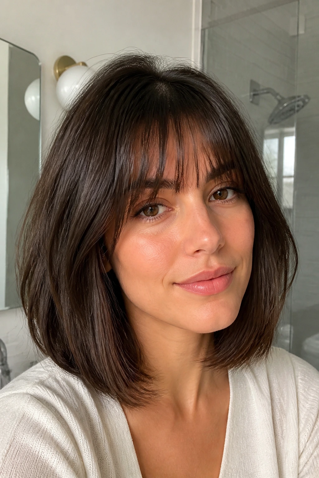 Close-up portrait of a real person with a thick-hair lob and thinned-out fringe