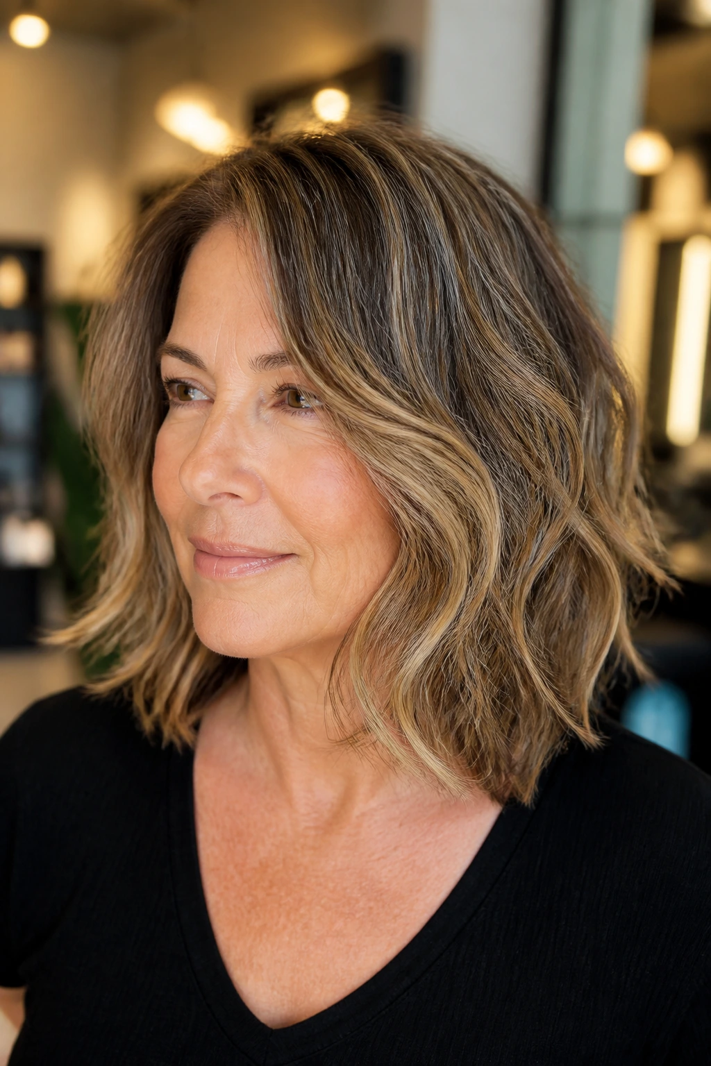 Real woman with thick lob showing strong outside line and internal weight removal in a salon setting