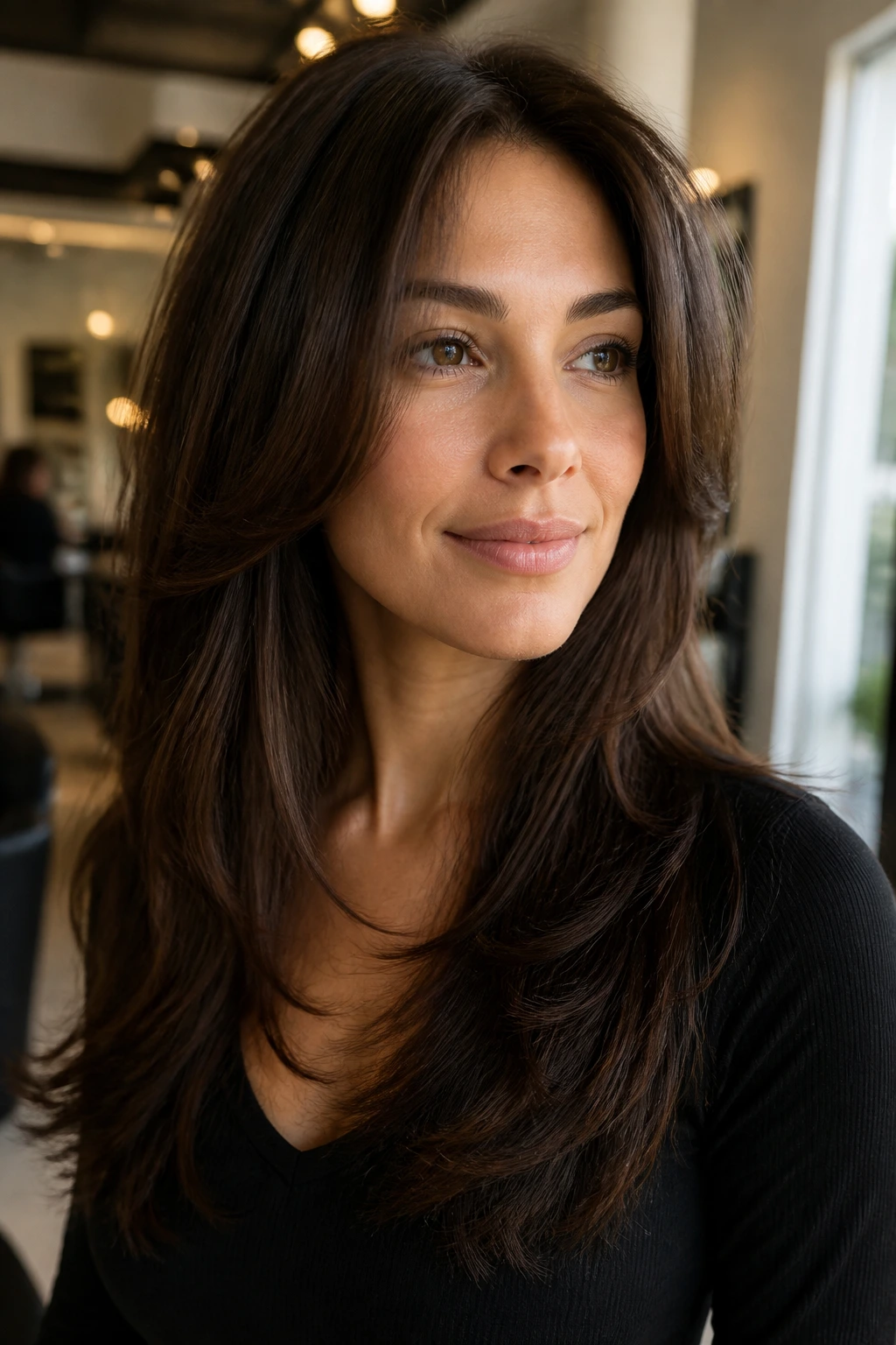 Close-up of a real woman with thick layered hair framing an oval face in a warm salon.