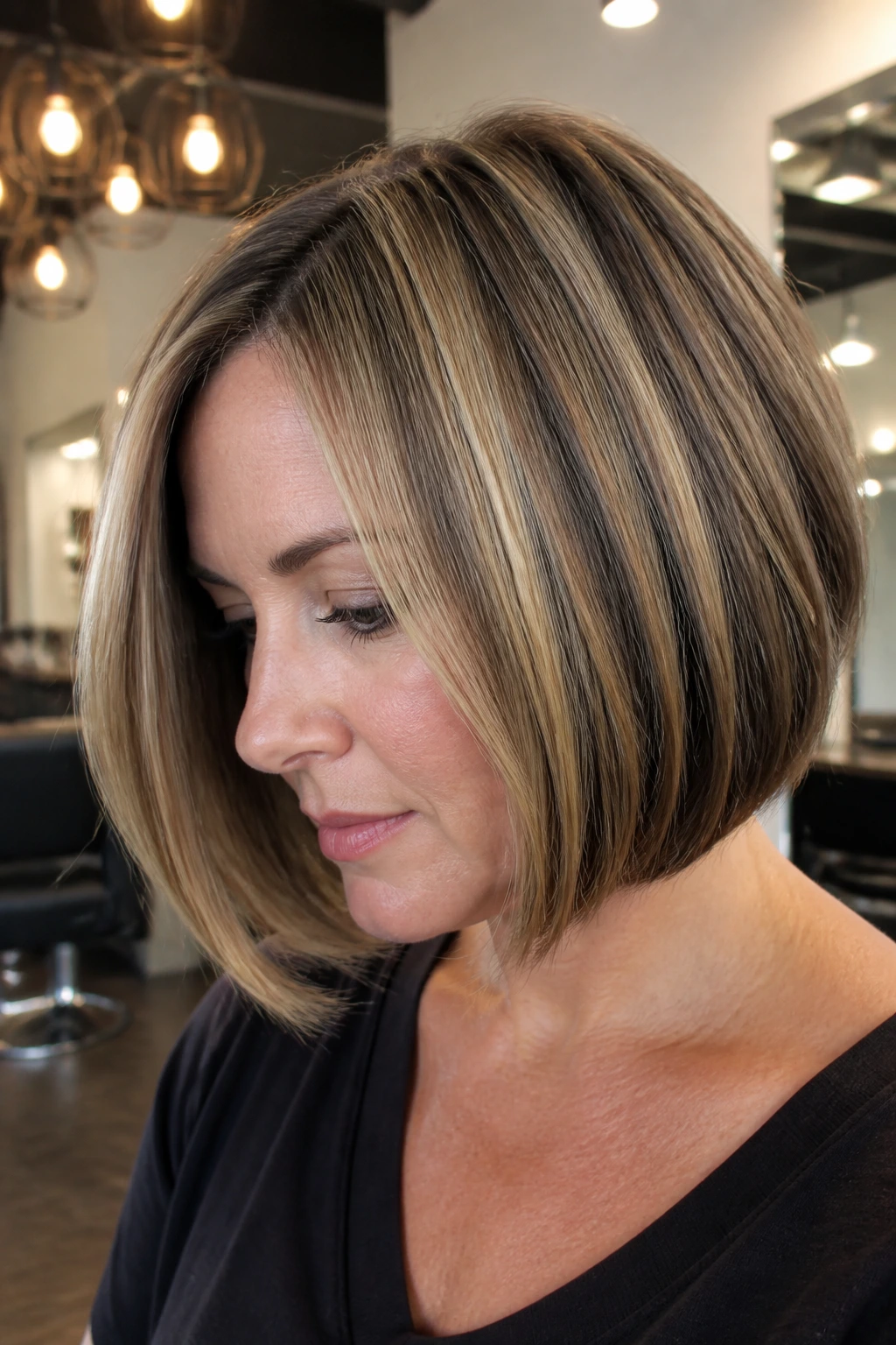 Close-up of Thick-Hair Bob with internal lowlight blocks on a real woman