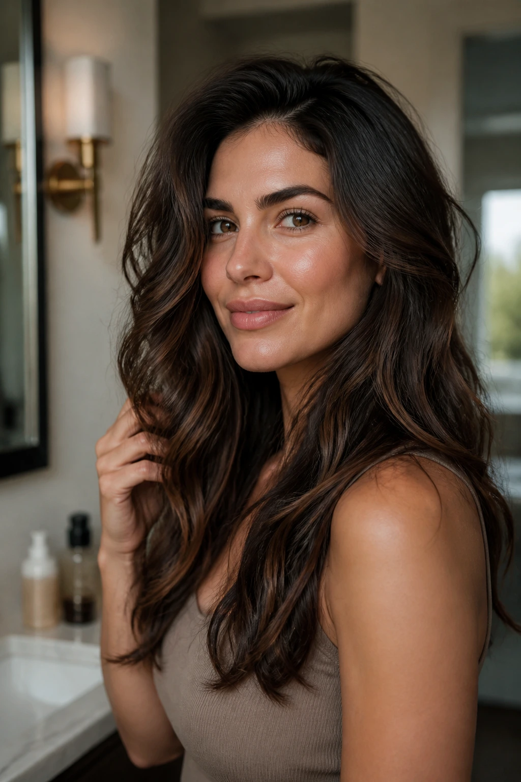 Close-up portrait of a real woman with thick hair in a bathroom vanity setting